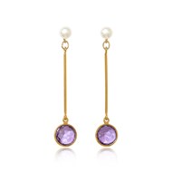 PEARL STUDS WITH LONG GOLD VERMEIL STEM & AMETHYST