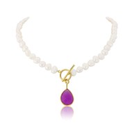 MUSTIQUE WHITE PEARL NECKLACE WITH LAVENDER CHALCEDONY DROP