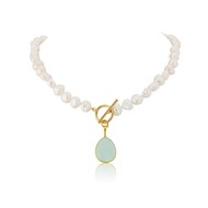 MUSTIQUE WHITE PEARL NECKLACE WITH AQUA CHALCEDONY DROP